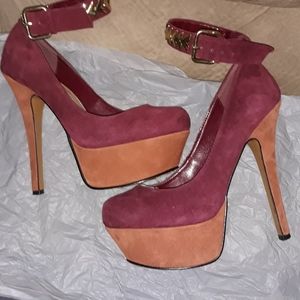 Halston soft red suede ankle strap wood stiletto